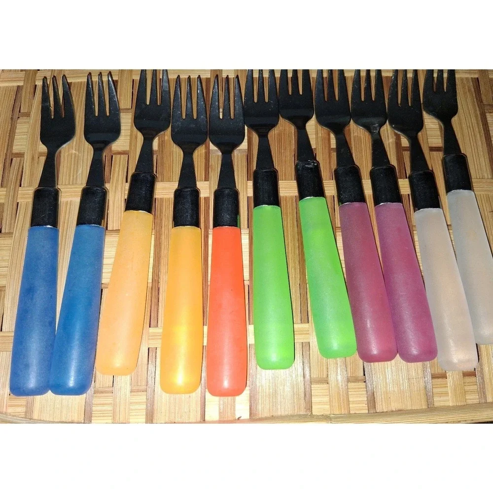 Vintage MCM Lucite Style Handle Cocktail Seafood Forks Set of 11 Rainbow Stainle